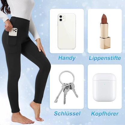 3er Pack Thermo Leggings Damen mit Taschen – Gefütterte High Waist Thermoleggings für den Winter, Fleece Warm, Blickdicht und Bequem